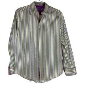Robert Graham Mens Button Front Shirt Size L Striped w/Paisley Flip Cuff Size XL